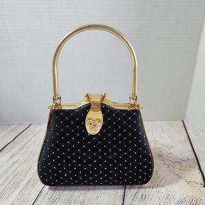 Vintage 1980s Black & Gold Satin Metal Framed Evening Box Bag